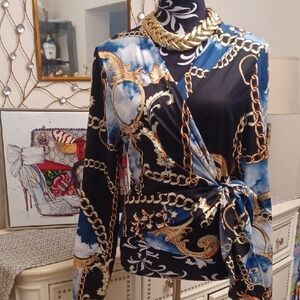 Chic Chain Print Wrap Blouse